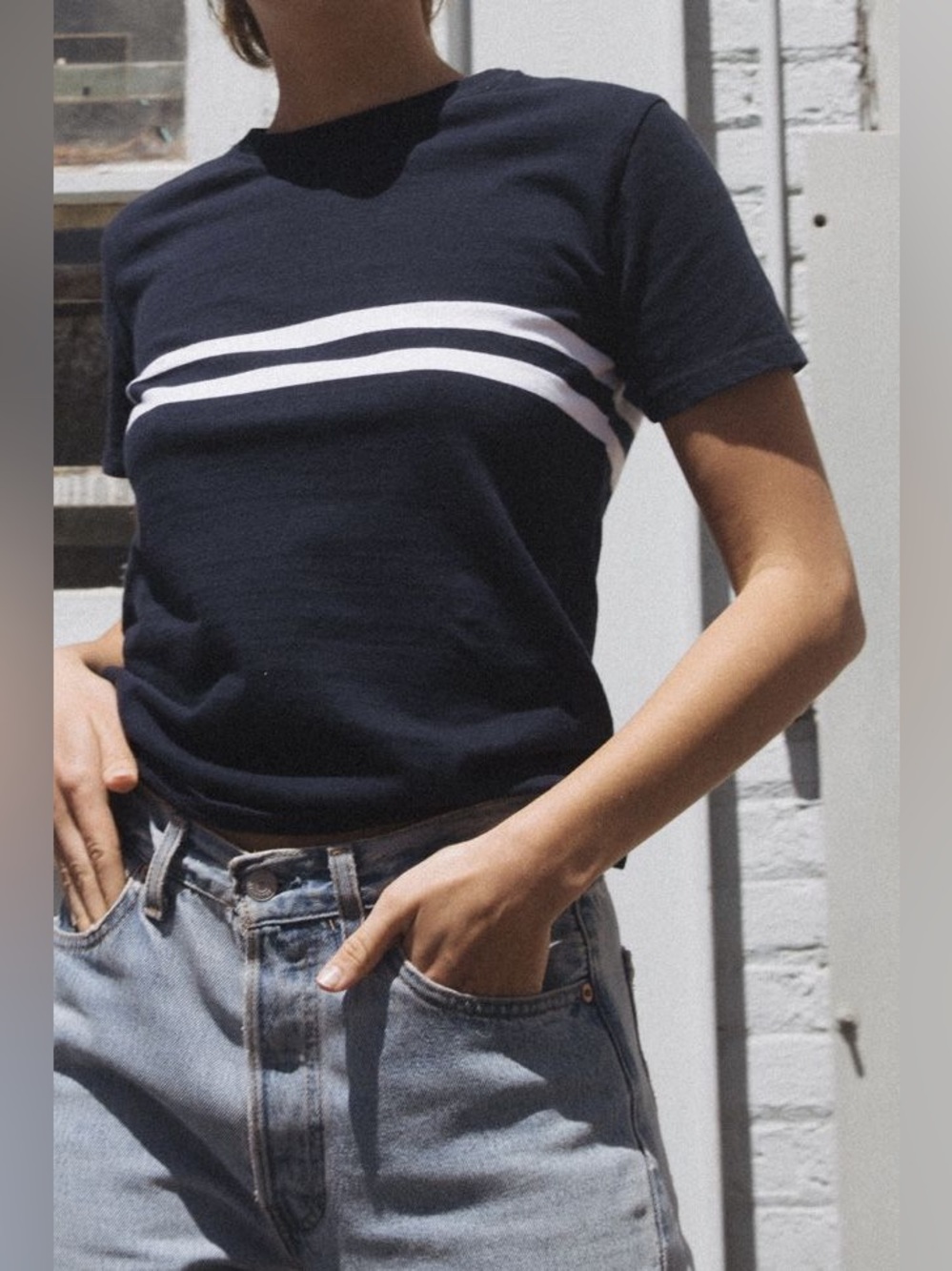 John Galt Brandy Melville Aleena Navy & White Stripe T-Shirt - One Size